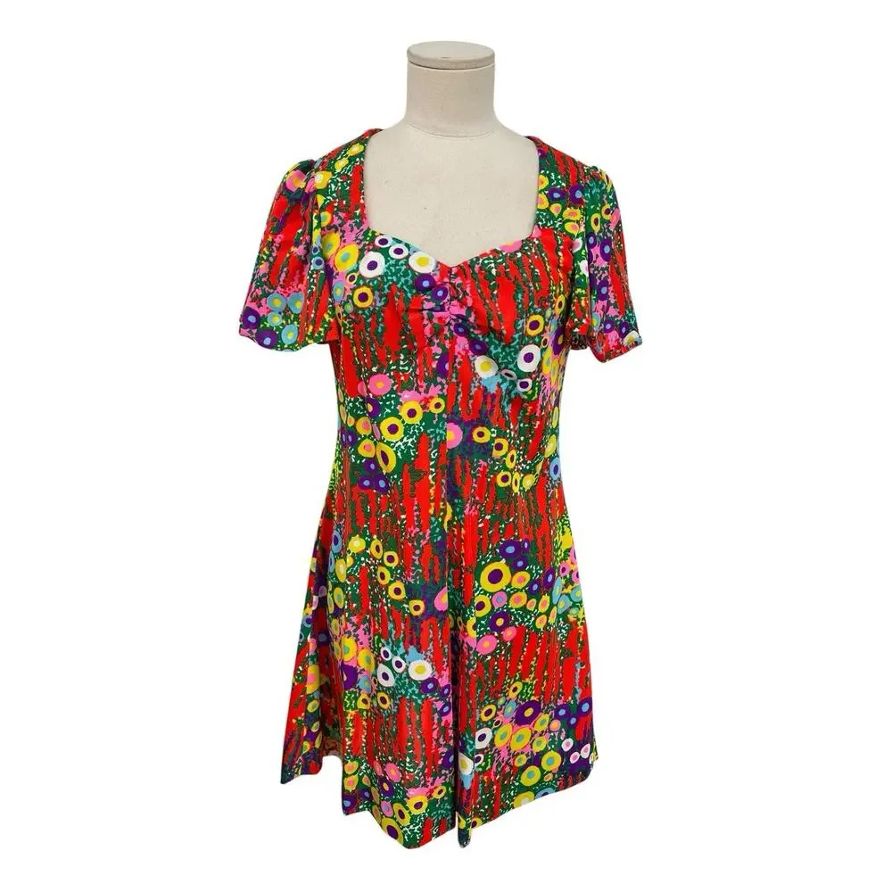 Vintage Flower Power Mini Dress Retro Floral Psychedelic Handmade 60s Size Small - Picture 1 of 14